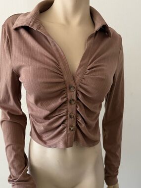 Ruched Button-Front Long Sleeve Top - Mauve Pink